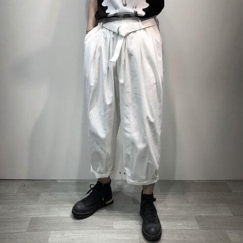 Summer thin trendy mens pure white loose and slightly broken straight belt Capris Harajuku simple wide leg Harlan pants