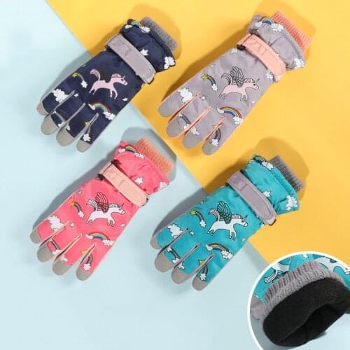 Kid Gloves Boy Girl Winter Warm Skiing Accessory Cartoon Unicorn Waterproof Outdoors Fleece Lining