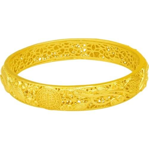 Hollow Dragon and Phoenix Jewelry Yellow Gold Plated Wedding Jewelry Bangle Bracelet Gift