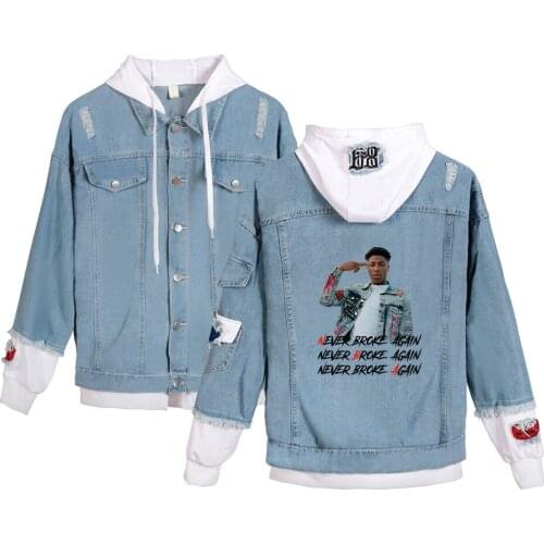 Denim Hooded Jackets YoungBoy Never Broke Again Jackets Men Women Fake Two Pieces Hip Hop Coat Fashion Streetwear Denim Jacket