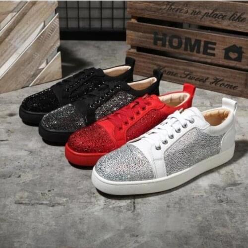 Luxury Rhinestone Red Bottoms Shoes Lace-Up Men And Women Couple Genuine Cow Leather Shoes Crystal Low Cut Sneakers EU 36-47