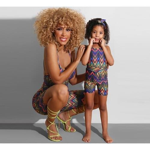 Summer Dress 2021 Family Look Matching Outfits Clothes Sleeveless Jumpsuits Mother And Daughter Printed Overalls Mom Kids Girl