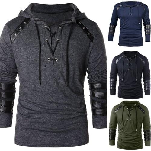 New Men Clothes Mens Hoodie Jacket Drawstring Hooded Hoodies Personality Combination Leather Bandage Long Sleeve Pullover Coat
