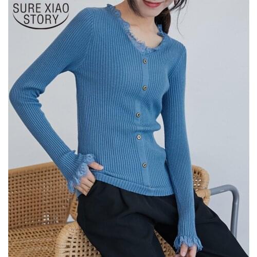 Autumn Winter Fashion Lace V-neck Slim Knit Women Sweater Long Sleeve Dark Stripes Winter Clothes Women Solid Pullovers 6458 50