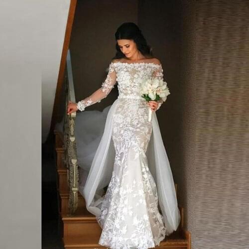 On Sale Charming White Lace Mermaid Bridal Wedding Gowns Off Shoulder Long Sleeve Boat Neck Wedding Dress for Bride Chapel Train