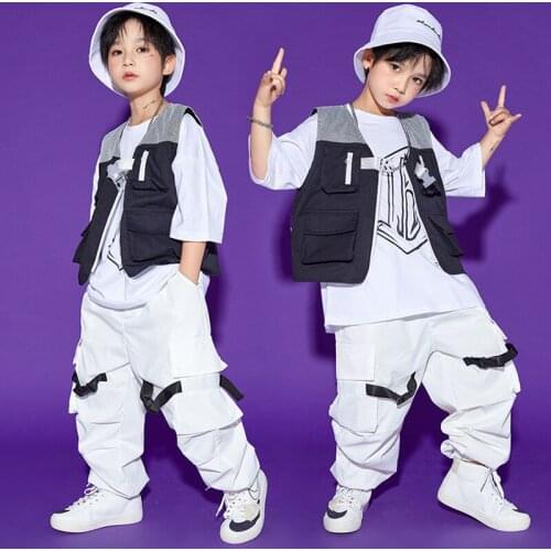 Rave Street Dance Clothes Childern Cargo Pants White Vest Hip Hop Dance Wear Stage Costume Kpop Outfit Festival Clothing DL8259