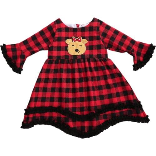 Toddler Infant Baby Girl Christmas Dress Long Sleeve Red Plaid Party Dresses with Cute Cartoon Santa Reindeer Pattern