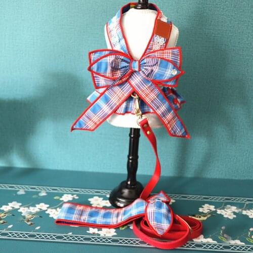 2022 New Plaid Luxury Dog Harness Leash Set Dog Skirt Vest Harness with Bowknot Walking Leash Leads for Small Medium Dogs Cats