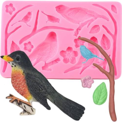 3D Birds Cake Border Silicone Molds Tree Branch Flower Fondant Cake Decorating Tools Candy Clay Chocolate Gumpaste Moulds