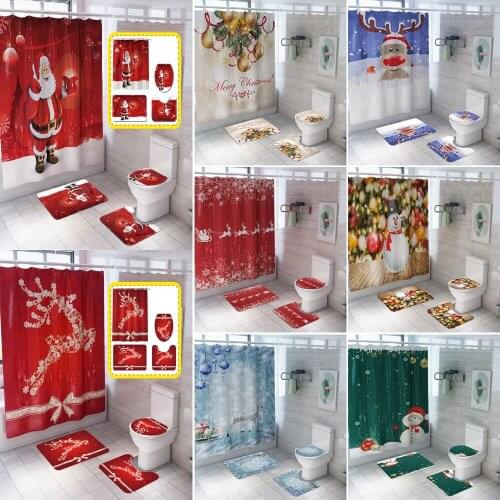 Merry Christmas Elk Santa Fabric Shower Curtains Snowman Bells Bathroom Curtain Anti-skid Bath Rugs Set Carpet Toilet Lid Cover