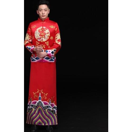 Traditional Chinese Style Wedding Qipao Male Red Cheongsam Toast Costumes Groom Long Gown Men Embroidery Tang Suit