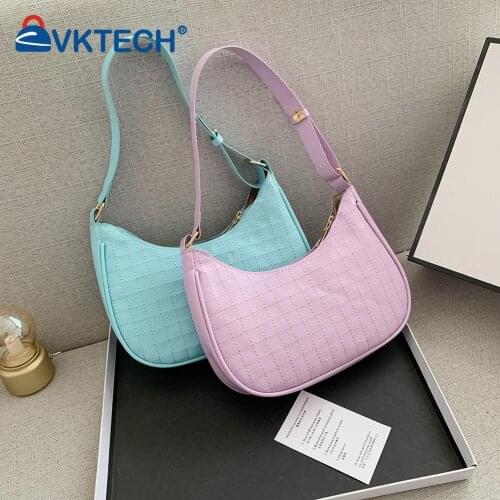 Vintage Women Checkered Pattern PU Leather Shoulder Underarm Bag Casual Solid Color Small Hobos Handbag Purse