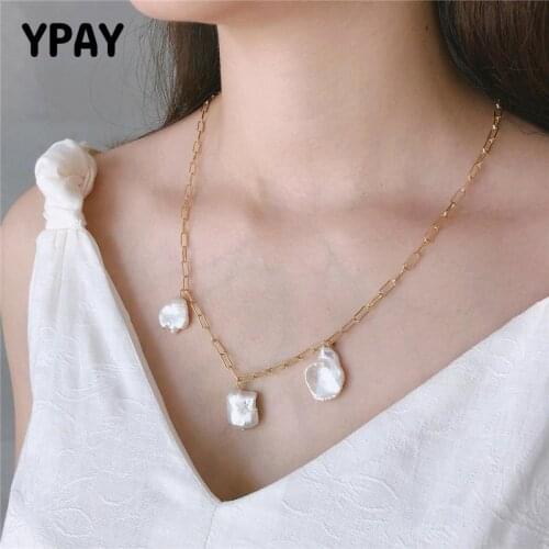 YPAY 100% Genuine 925 Sterling Silver Necklace for Women Korea Gold Baroque Pearl Pendants Necklaces Fine Party Jewelry YMN178
