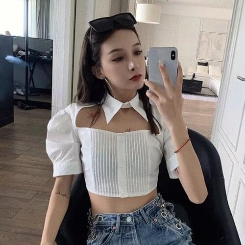 Foridol Button Up White Blouse Shirt Female Casual Korean Style Blue Crop Tops Blusa Mujer Summer Puff Sleeve Tops