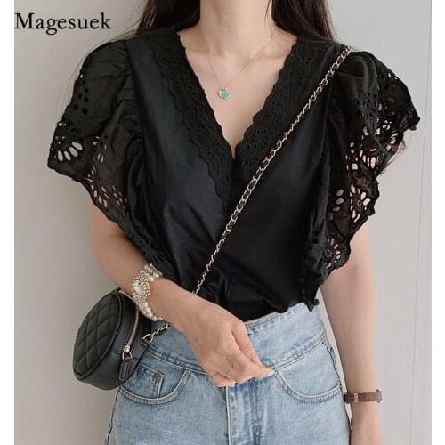2021 Korean Embroidered Lace Shirt Summer Short Sleeve Deep V-neck Women Tops Hollow Out Ruffle Solid Loose Elegant Blouse 13947
