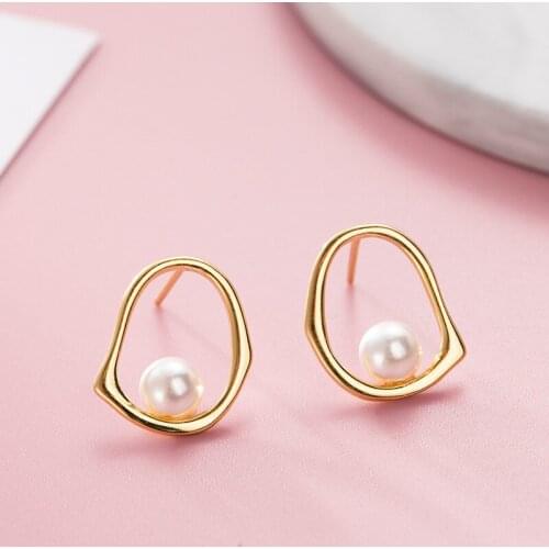 925 Sterling Silver Geometric Pearl Stud Earrings For Women Grils Wedding Party Gift Female pendientes mujer moda