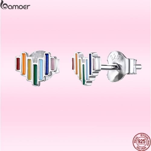 Bamoer GXE787 925 Sterling Silver Rainbow Heart Stud Earrings Colorful Love Trendy Fine Jewelry Hypoallergenic Women Earrings