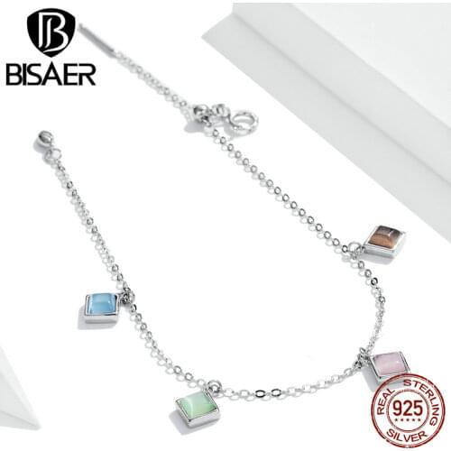 BISAER Colorful Petite Opal Chain Bracelet For Women 925 Sterling Silver Chain Bracelet Anti-allergy Fine Jewelry Gift ECB224