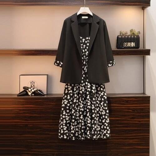 Large womens 2021 spring new fat sister mm suit coat show thin cover belly chiffon dress two piece set
