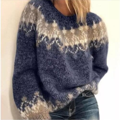 Women Elegant O-Neck Knitted Sweater Autumn Vintage Patchwork Long Sleeve Tops Jumpers Winter Thick Warm Loose Pullover Sweaters