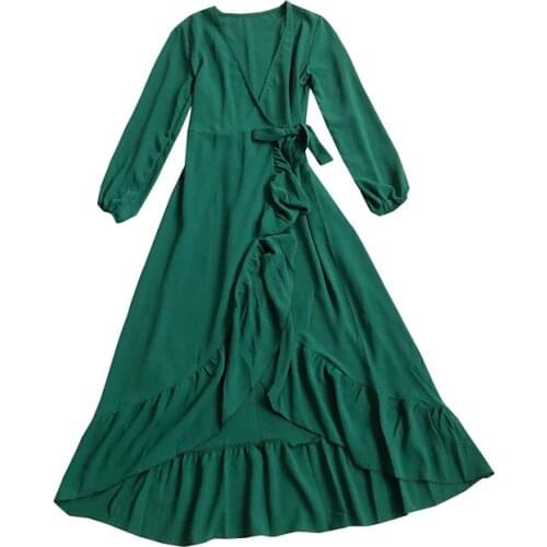 2021 Autumn Women V-Neck Puff Sleeve Irregular Pleated Ruffles Chic Dress Lady Bandage Strap Elastic Slim Waist Party Midi Dress