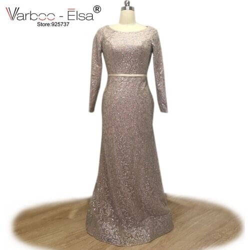 VARBOO_ELSA 2021 Dubai Long Straight Evening Dresses Glitter Long Sleeve Women Robe De Soiree Sequined O Neck Party Gowns Custom