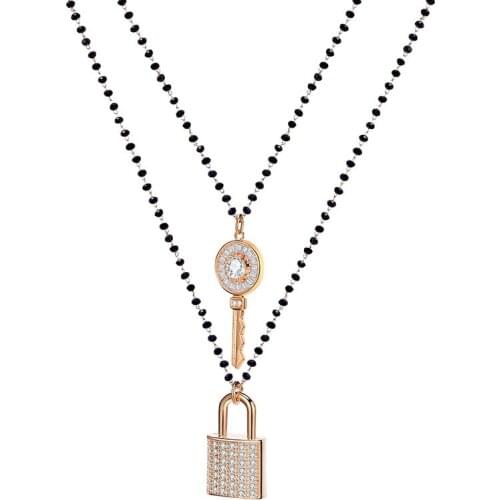 Double Layer Beads Female Necklace Gold Sliver Color Key Lock Zircon Padlock Pendant Long Necklace Festival Fashion Jewelry 2019