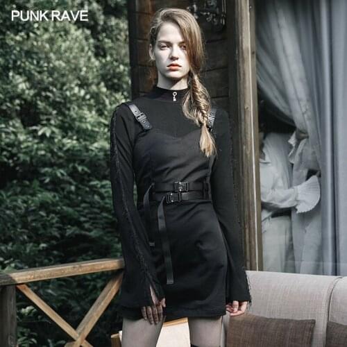 PUNK RAVE Womens "Hard Core Girl" Military Uniform Style Double Belt Inelastic Dress Punk Handsome PU Shoulder Strap Girl Dress