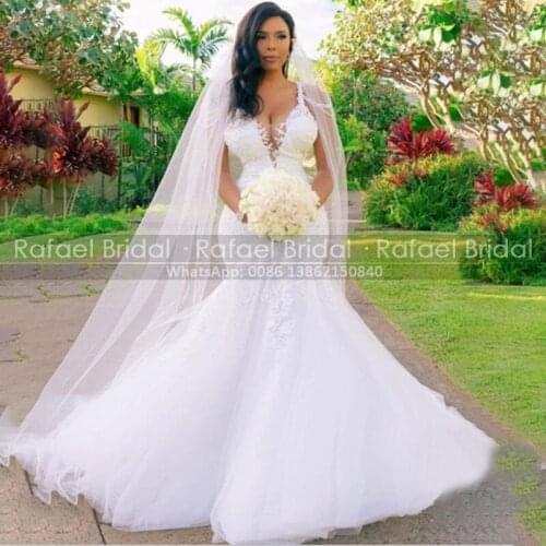 Sexy Spaghetti Plunging Neck Wedding Dress 2021 White Lace Puffy Mermaud Long Sweep Train Bridal Dresses Robe Soiree Femme