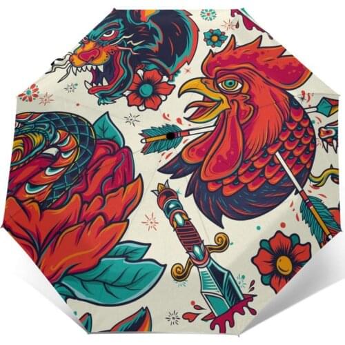 Sunny Umbrella Old School Tattoo Automatic folding portable men women umbrella Sunscreen rain Windproof beach parasol