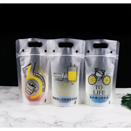 100pcs Creative transparent zip lock thick plastic bags 350ml juice coffee milk tea cold and hot drink packaging bag with handle