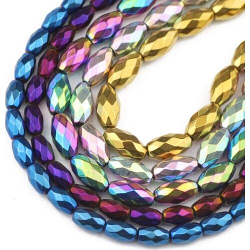 3/4/6MM Faceted Rice Grains Shape Oval Hematite Natural Stone Blue,Gold,Green Spacer Loose Beads For Jewelry Making Diy Bracelet