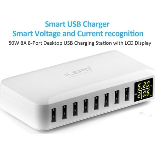8 Port USB Charger LCD Display Charging Stations for Multiple Devices Desktop Wall Charger for Laptops Tablets Phones