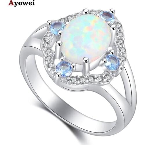 Ayowei Wholesale Retail White Fire Opal Silver Stamped Blue Zircon Ring USA Sz #6#7#8#9#10 Fashion Jewelry OR863A