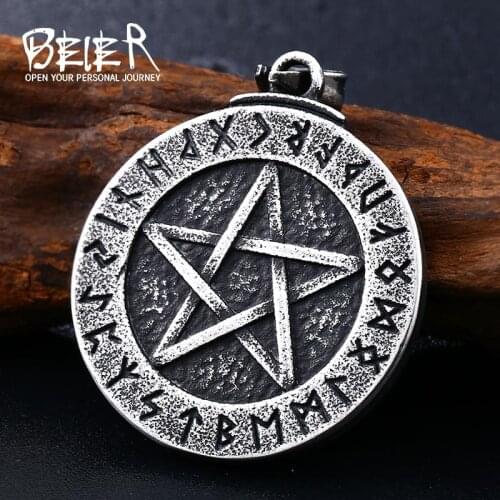 Beier 316L stainless Norse Viking Pendant Necklace Large Rune Pentacle Pendant Pentagram Jewelry Wiccan Necklace Norse Pagan