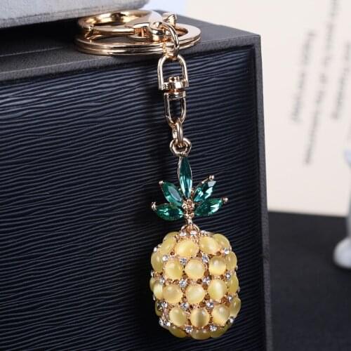 Coin-size Fruit Pineapple Rhinestone-Crystal Keychains Enamel-Leaf-Purse Bag Pendant Car Keyrings Gift key chains holder