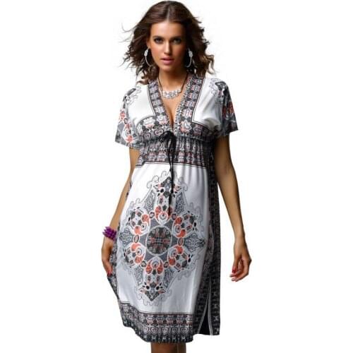 DA18034 Free Shipping Hot sale Fashion Women Casual Strapless Dress Print V Neck Hippie Boho Summer Dress Women Beach Dress