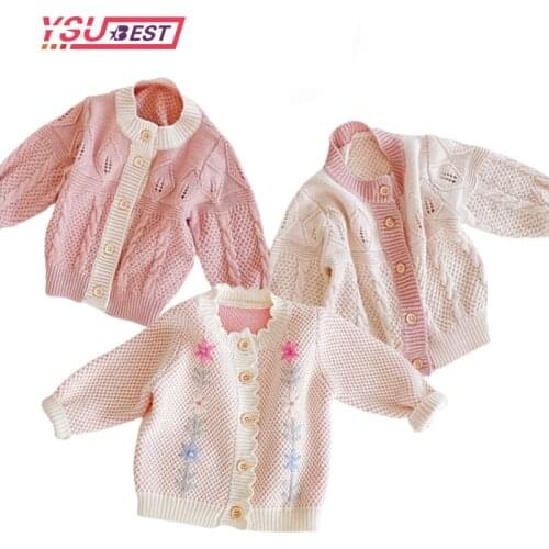 Newborn Girls Cardigan Button Jacket 2020 Baby Girls Sweaters Pink Hand Embroidery Flower Coat Clothes Kids Sweater Cardigan