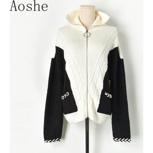 Women Oversized Cardigan 2020 Fall Winter Thick Warm Sweater Coat High Neck White Black Spliced Twised Zipper-up Knit Lady Coat