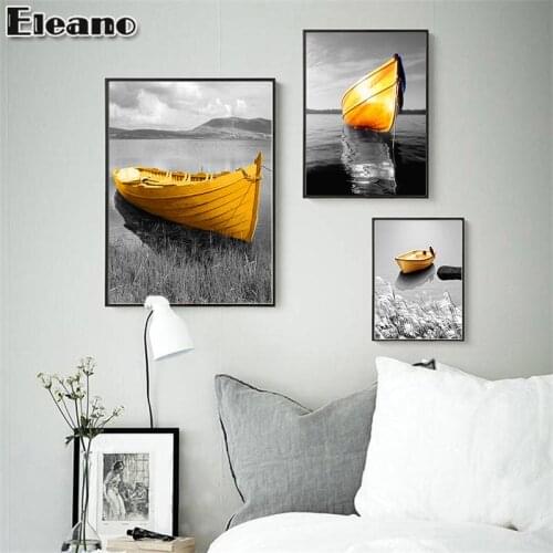 Canvas Painting Abstract Art Gold Boat Poster and Prints Nordic Modern Home Decore Wall Art Seascape Landscape Picture