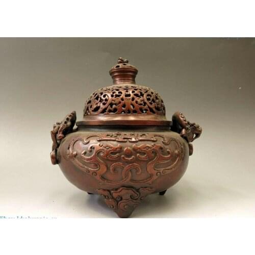 China bronze censer carved fine red copper seven dragon Incense Burner Statue