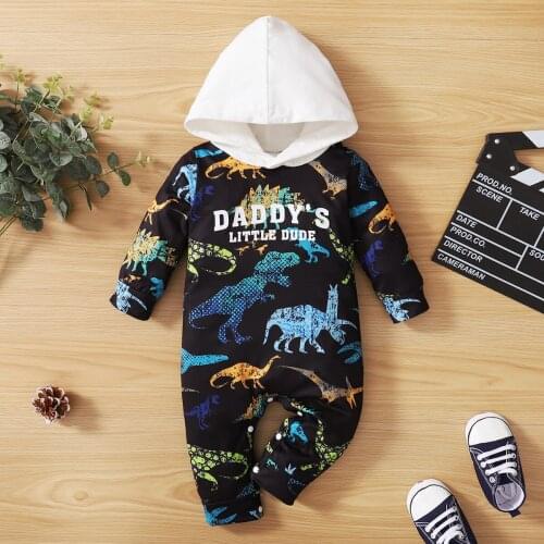 PatPat Allover Dinosaur And Letter Print Black Hooded Long-sleeve Baby Jumpsuit