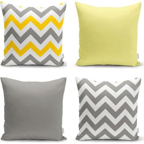 RealHomes Yellow and Gray Zigzag Pattern Digital Printed 4'lü Pillow decorate-Pillow Case Set