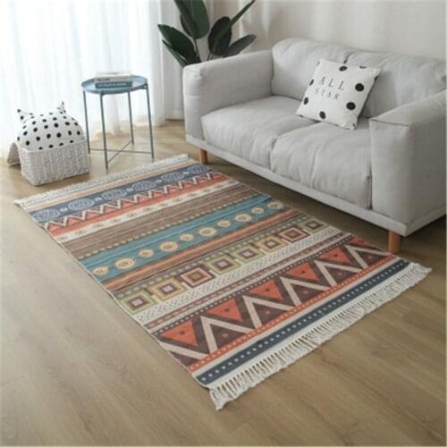 Color Nordic cotton and linen woven carpet living room bedroom Moroccan style light luxury bohemian floor mat