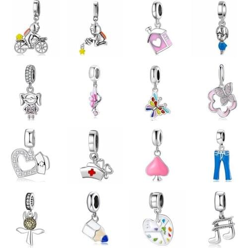 MEETSOFT S925 Sterling Silver Girl and Boy Heart Butterfly Zircon Charms of DIY Handmade Making Finding Fine Jewelry Accessory