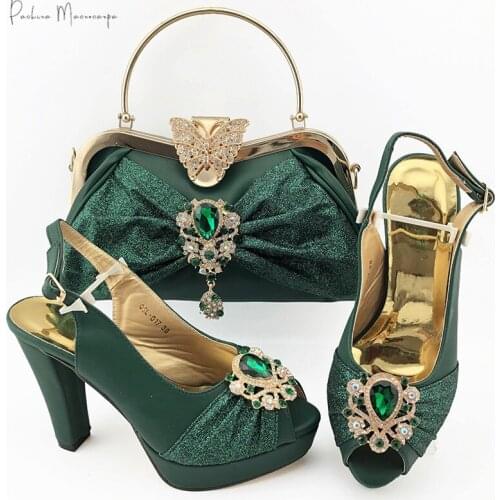 New Arrival Fashionable African Crystal Style Green Color Nigerian Ladies Shoes with Matching Bags for Royal Wedding Party