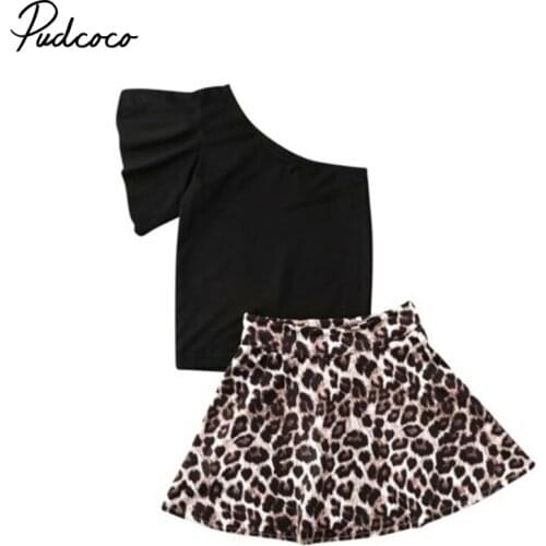 1-6Y Toddler Kid Baby Girls Clothes Sets Short Sleeve One Shoulder Black Tops Leopard Print A-line Skirts