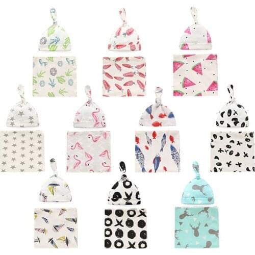 Newborn Swaddle Wrap+Hat Infant Cotton Receiving Blanket Baby Slwaddle Blanket 2pcs sets For 90*90cm