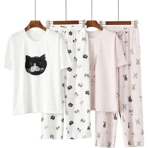Japanese Sweet Cute Modal Pajama Set Women 2PCS Short Sleeve Shirt&elastic Waist Pants Cartoon Animal Print Homewear Suit