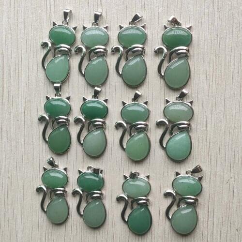Fashion good quality natural green aventurien alloy cat shape pendants for jewelry making Wholesale 12pcs/lot free shipping
